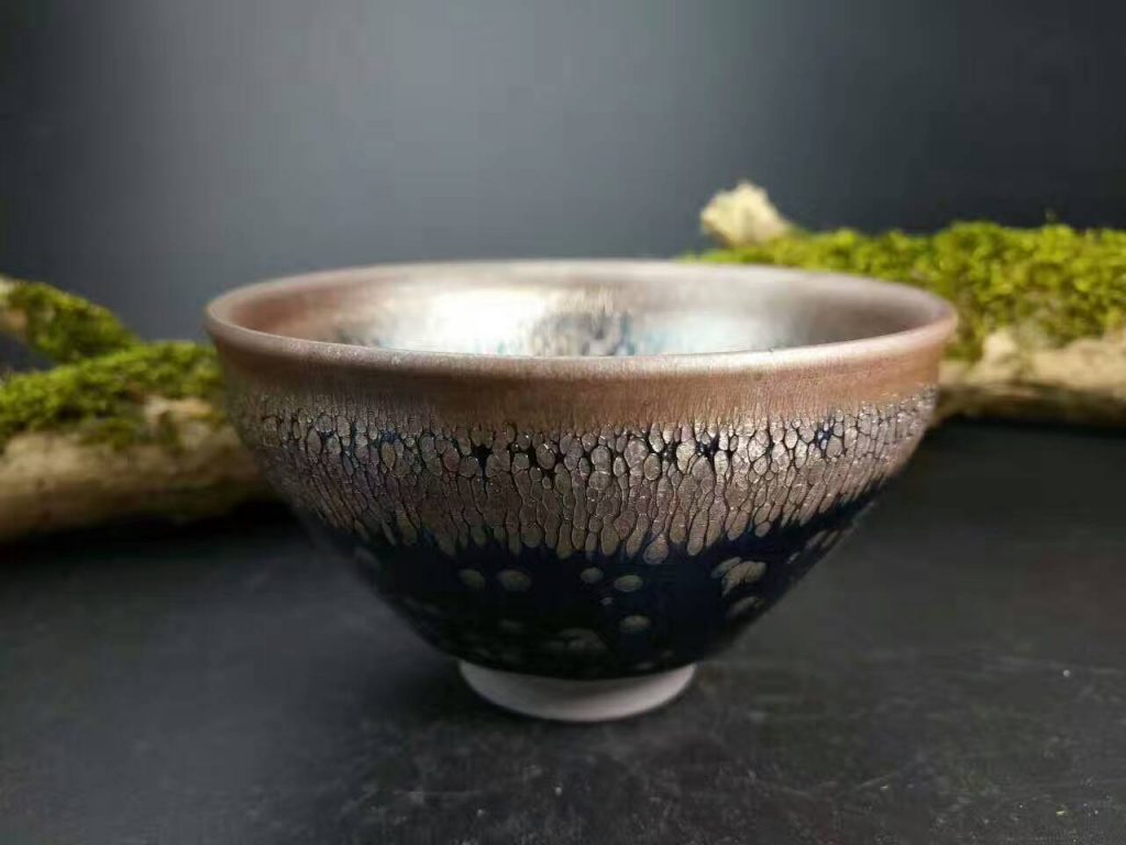 闕梅嬌全手工束口油滴盞：口9.2高5.4