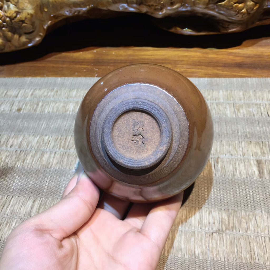 陳瑜 龍窯柴燒手工盞 柿紅釉斂口：8.8*5