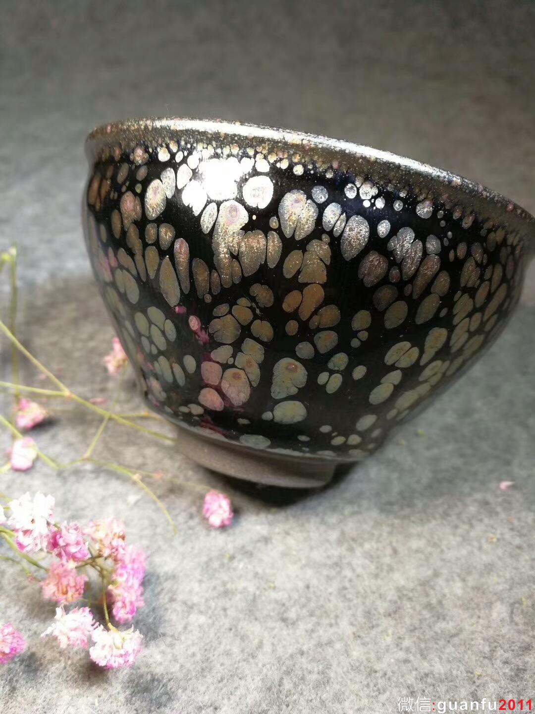 李佐文黑釉銀斑束口盞：口徑9*5.5