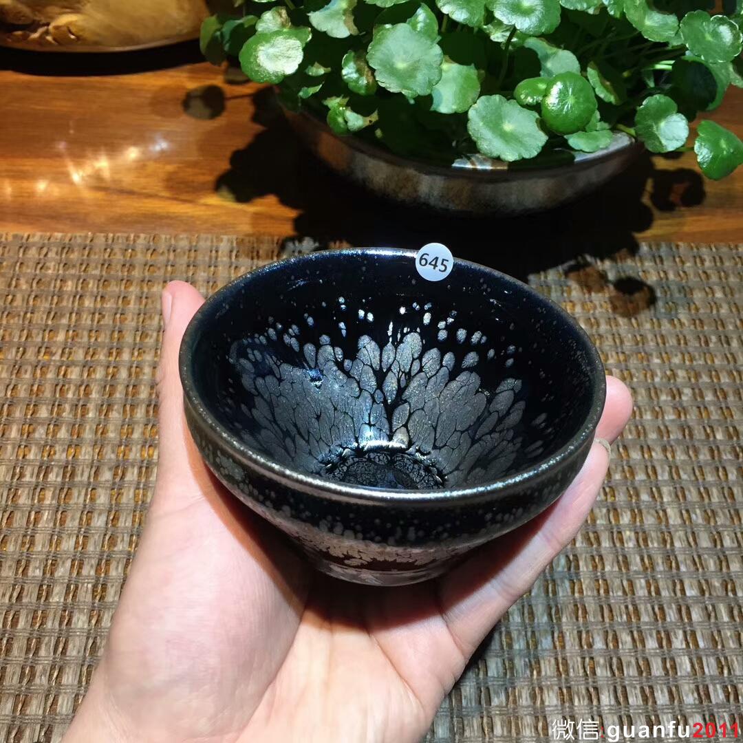 闕梅嬌老師 黑底銀滴 鷓鴣斑樽杯：口徑9.5*5.8