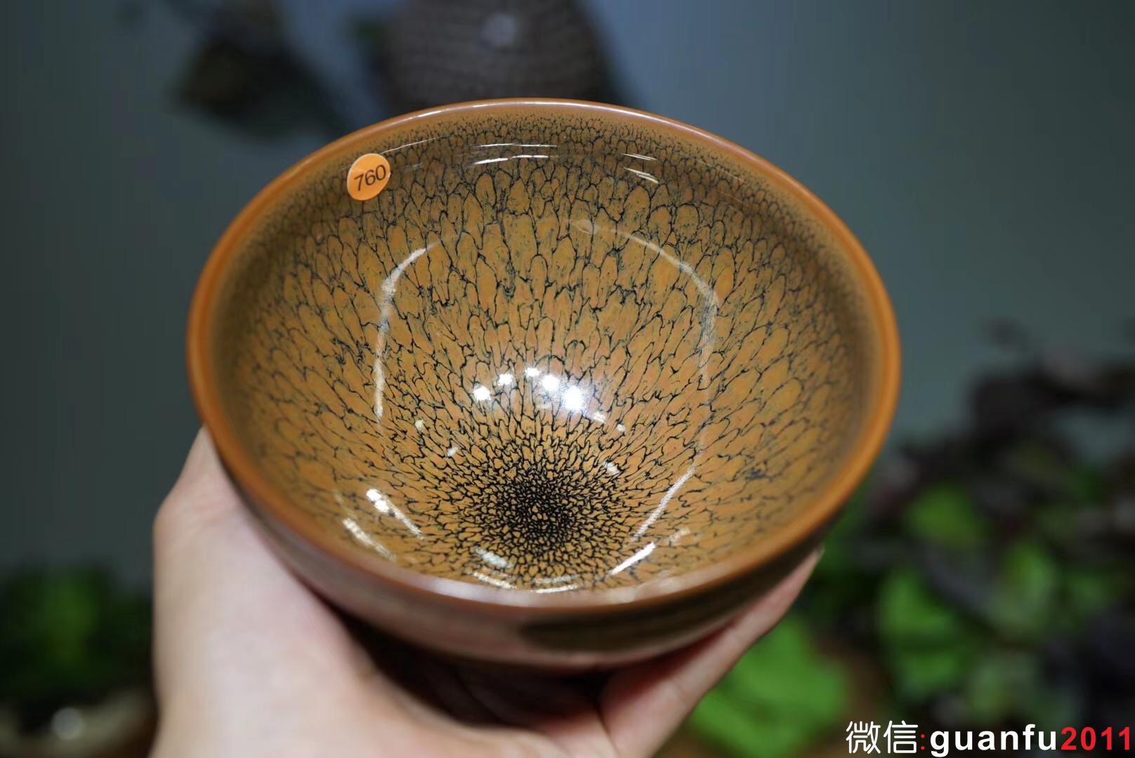 陳大鵬老師作品，黃鷓鴣斑束口盞，口徑12.5高7.5公分