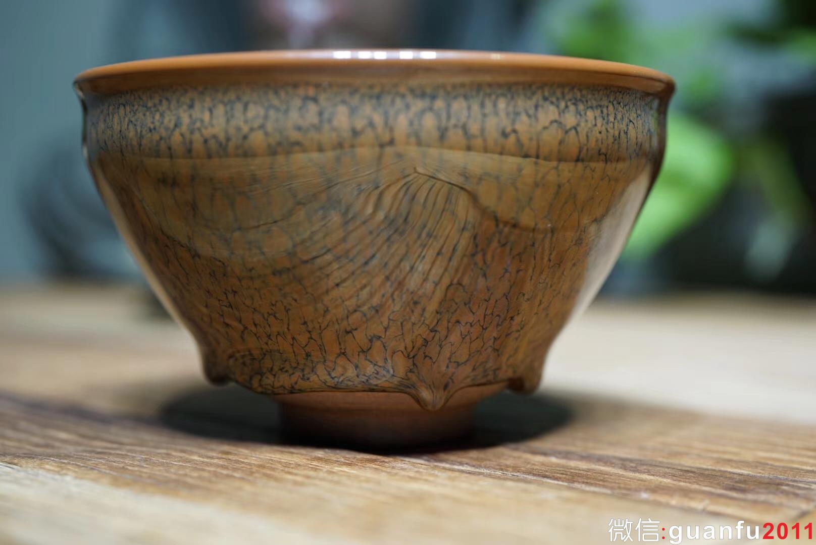 陳大鵬老師作品，黃鷓鴣斑束口盞，口徑12.5高7.5公分