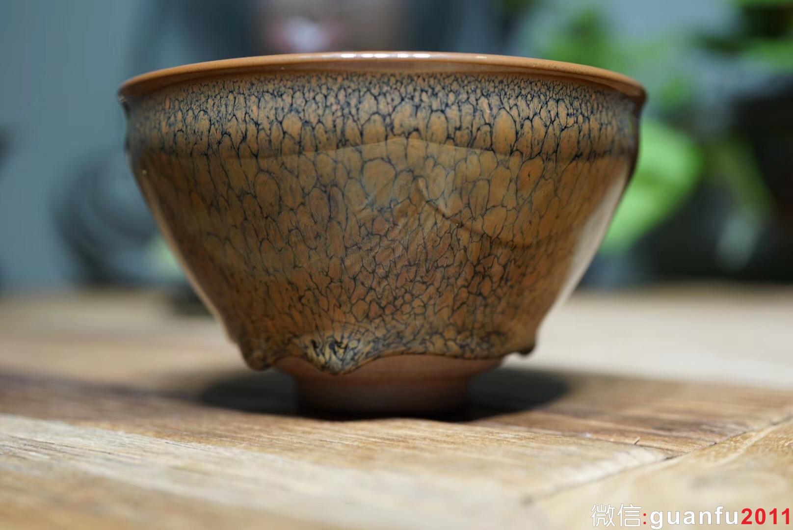 陳大鵬老師作品，黃鷓鴣斑束口盞，口徑12.5高7.5公分