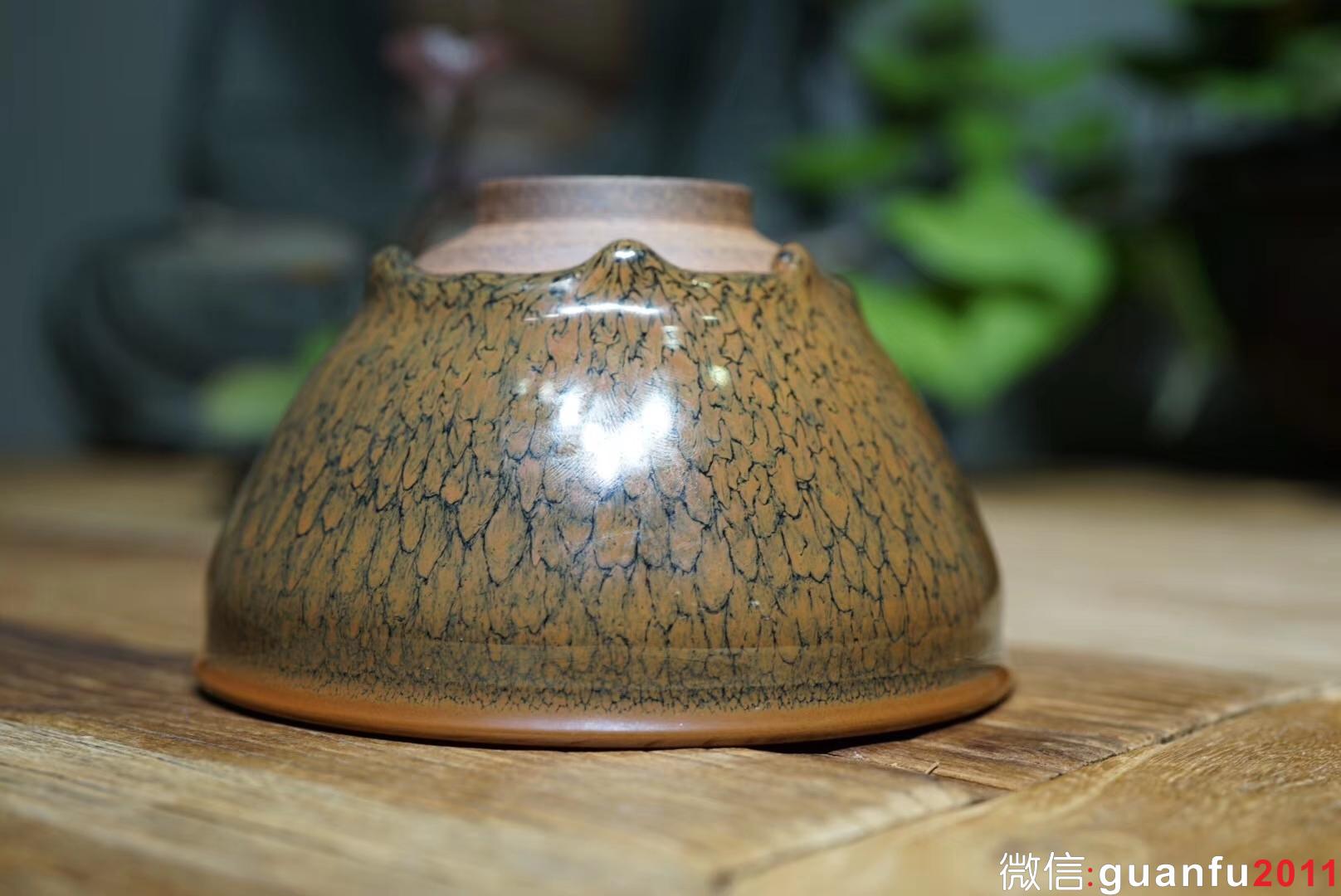 陳大鵬老師作品，黃鷓鴣斑束口盞，口徑12.5高7.5公分