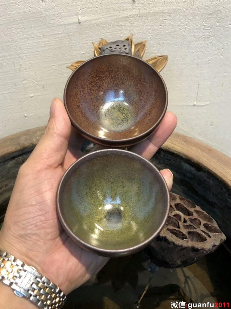 小平囗一對  （茶綠釉 金柿子紅）  柴燒  李遠(yuǎn)興老師