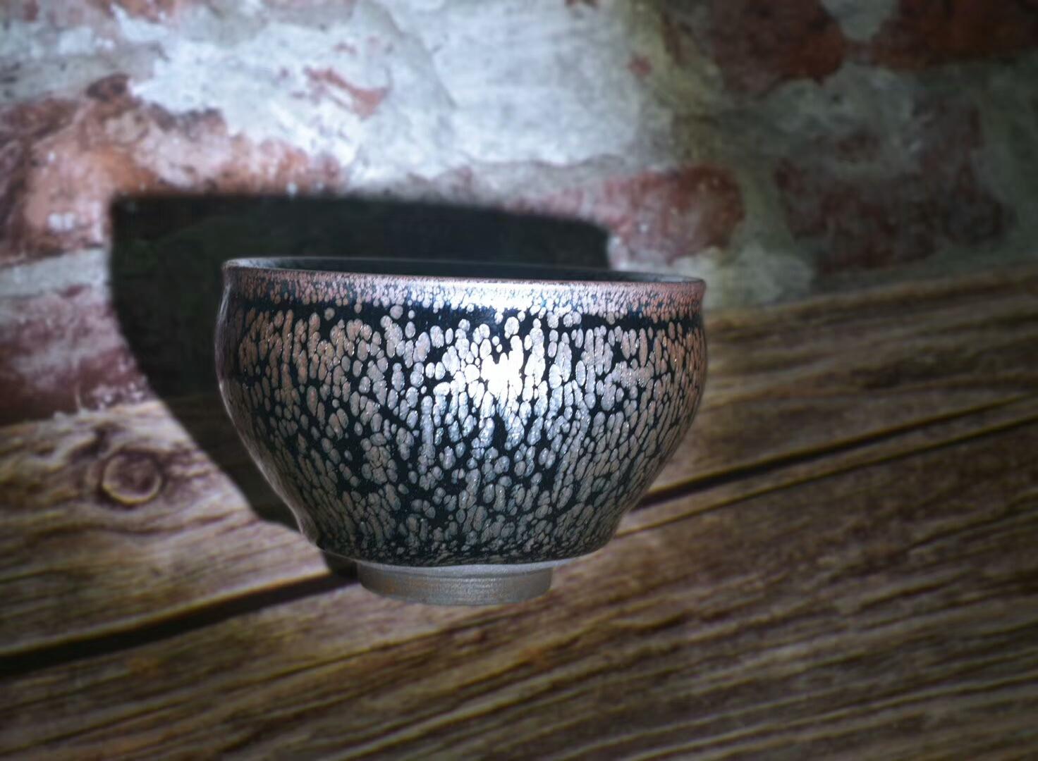 全手工黑底銀斑 釉面非常古樸 實物油滴偏銀 將軍器型